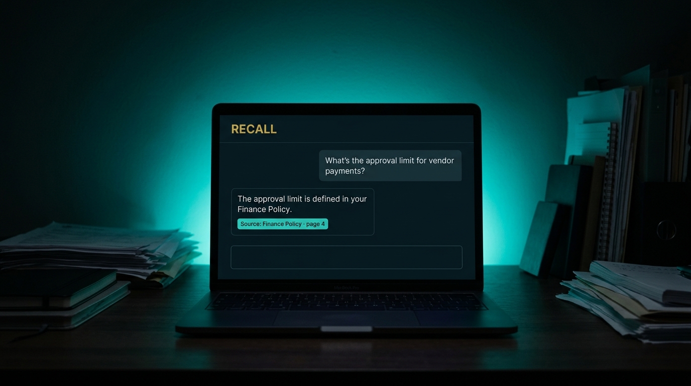 A RECALL answer about vendor payment limits with a citation to Finance Policy, page 4