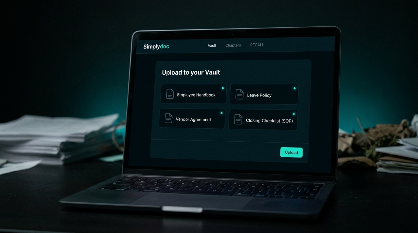 Business documents — handbook, policy, agreement and checklist — being uploaded to a Simplydoc Vault