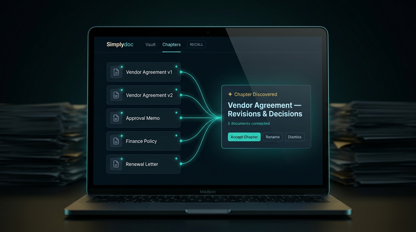 Five related business documents connected by glowing lines into a Chapter titled Vendor Agreement — Revisions & Decisions