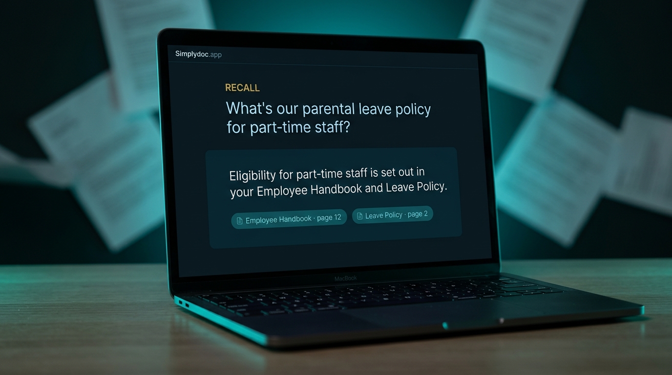 A RECALL answer about parental leave for part-time staff, citing the Employee Handbook and Leave Policy