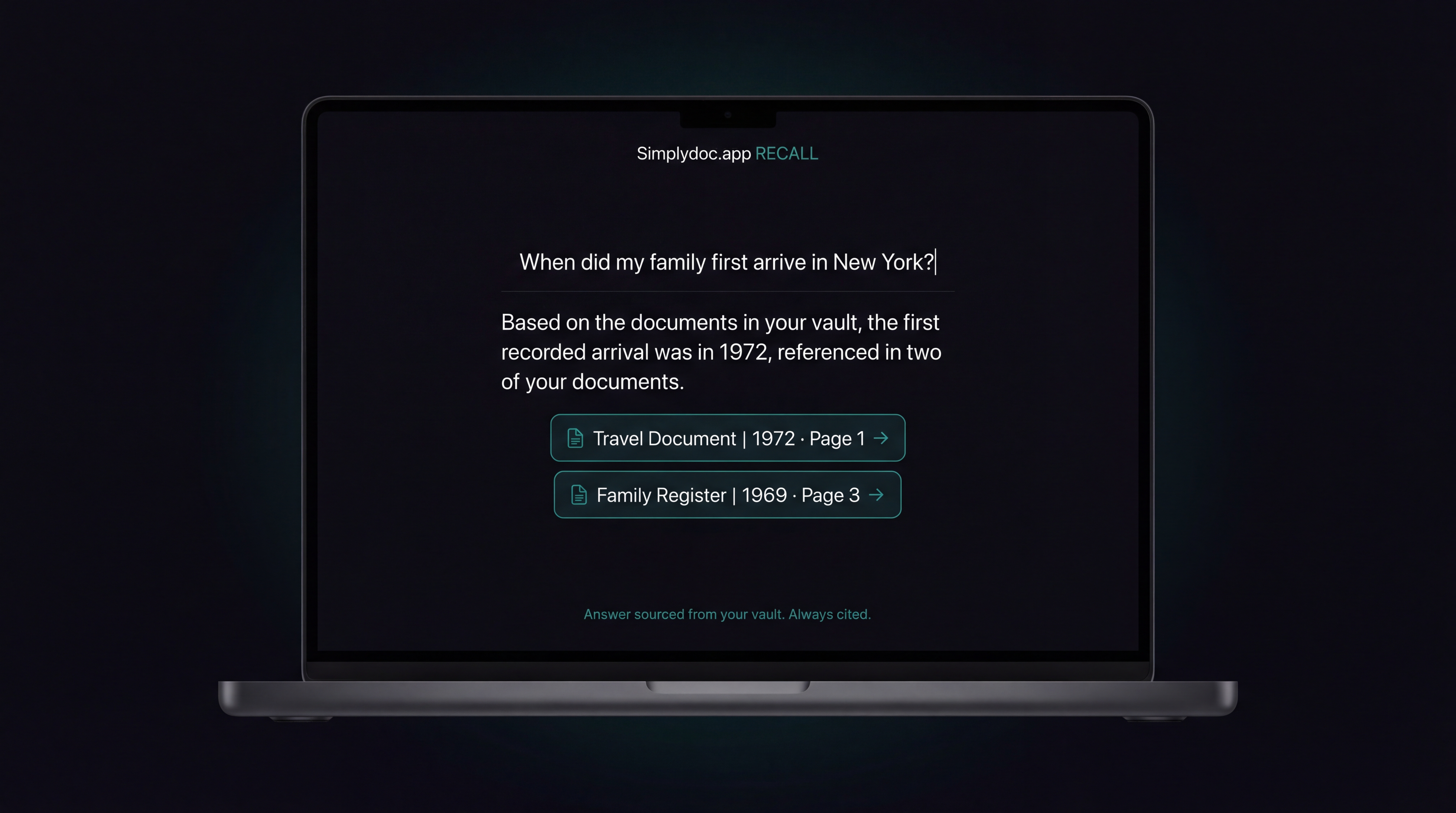 Dark mode interface showing a question 'Where did my grandfather work in 1960?' with an AI answer citing the exact source document and page